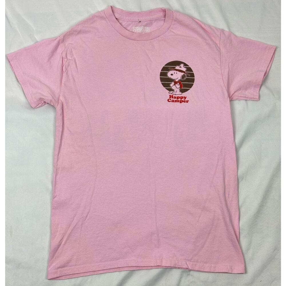 Peanuts Snoopy "Happy Camper" Graphic T-Shirt Short Slv Pink Camping Outdoors S
